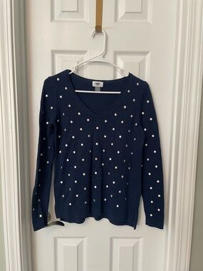 Old Navy Navy V-Neck Sweater with White Polka Dots